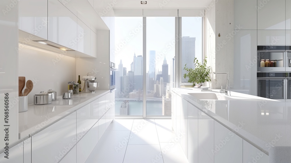 White kitchen monochromatic interior with sleek countertops and cabinets, stainless steel appliances, and a panoramic view of the bustling cityscape with skyscrapers through a large window.