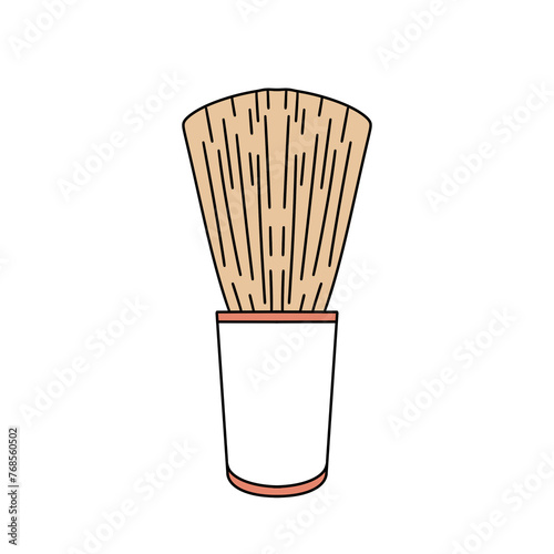A brush is in a white cup. The brush is made of wood