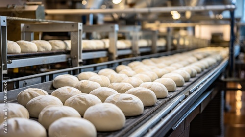 Automated bakery production bread loaves on conveyor belt in a manufacturing facility photo