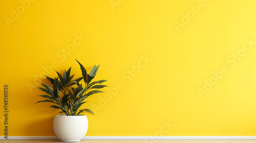 plant in the pot. A houseplant in a pot stands on the floor against a yellow wall. banner with copy space and place for text. banner