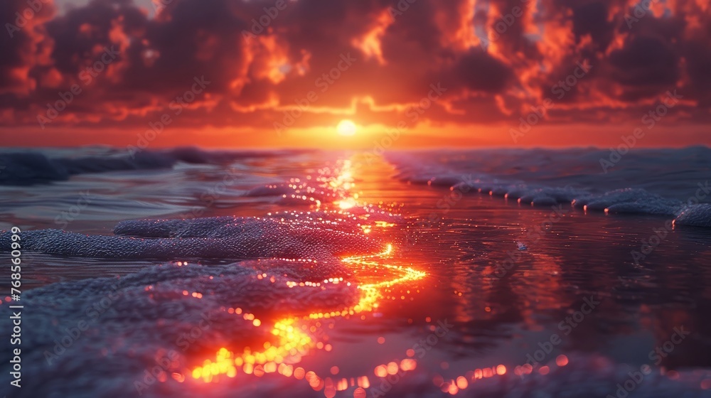 A poetic watercolor sunset over a bank, where a lone chip sits halfburied in sand, its circuits sparking to life, symbolizing hope and renewal , 3D illustration - obrazy, fototapety, plakaty 
