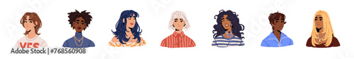Female haircuts set. Women avatars with different stylish hairstyles: bob, with bangs, wavy, curly, straight, short hairs. Portraits of happy girls' faces. Flat isolated vector illustration on white