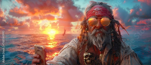 A pirate, with reflective glasses, focused on a phone, backpack stuffed with pirate gear, against a watercolor sunset at sea , 3D illustration