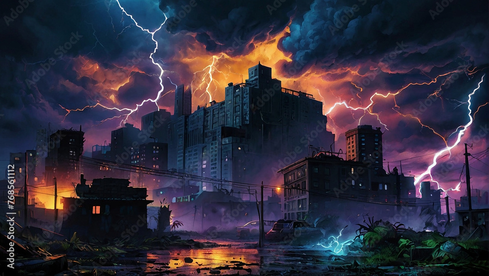 panorama of the ruined city illustration of dark theme