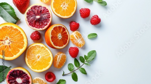 Fresh citrus fruits and berries on white background with copy space