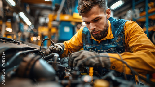 Young caucasian male mechanic repairing a car in a auto repair shop