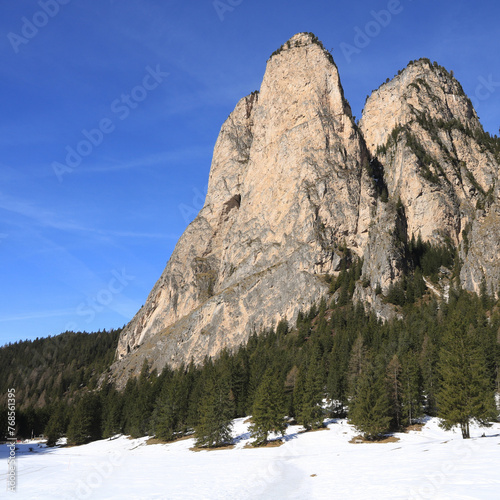 Unique Dolomite peaks seen from the Lanental Valley near Wolkenstein, South Tirol.