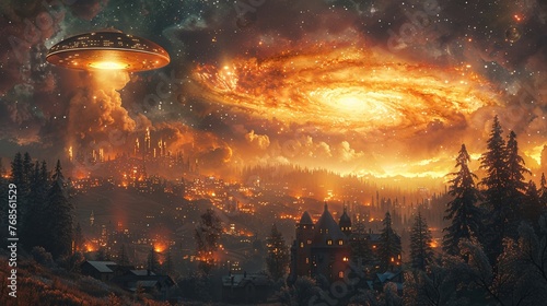 A vibrant watercolor galaxy with a mysterious UFO emitting sparkles over a sleepy town , 3D illustration