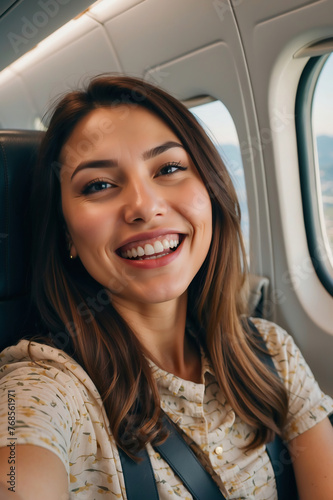 Strahlende Frau macht Selfie während des Fluges vor Kabinenfenster photo