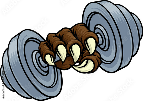 A dumb bell gym weight sports illustration of an eagle or animal monster hand holding dumbbell