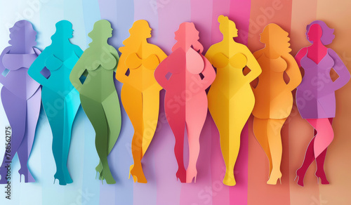 Women  silhouette and creative design in the style of paper for feminism  diversity or body positive poster with copyspace. Rainbow  layers and craft template for background  banner or Womens rights