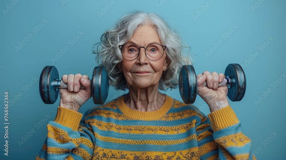 Elderly woman lifting dumbbells confidently Elderly woman lifting dumbbells confidently