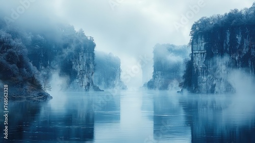Reflective waters mirroring fog-covered forests © Volodymyr Skurtul