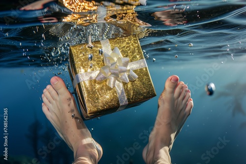 persons feet visible as they drop a gift box wrapped in shiny paper underwater