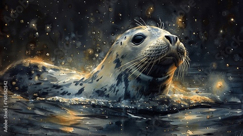 An enchanted seal, relishing a warm chocolate bath under the glow of a watercolor northern star , Watercolor