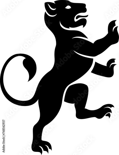A female lion lioness or other big cat such as a leopard panther, jaguar, or cougar rampant from a heraldic heraldry crest.