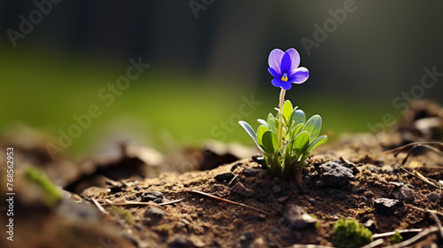 Solitary blue flower emerges with vibrant color in a sunlit earthen background