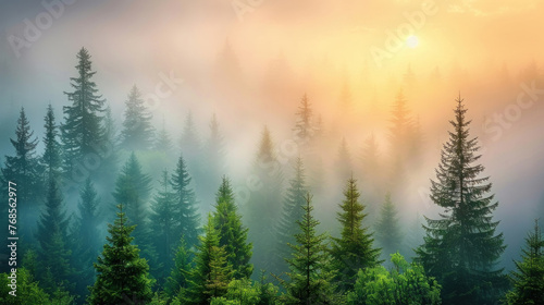 A dense forest shrouded in fog with numerous trees blending into the misty background