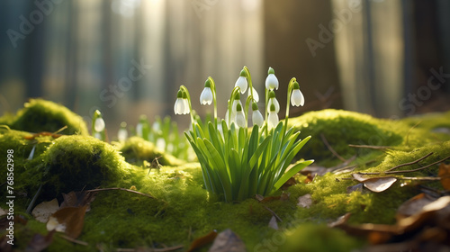 Early spring snowdrops bloom on a mossy forest floor in golden morning light