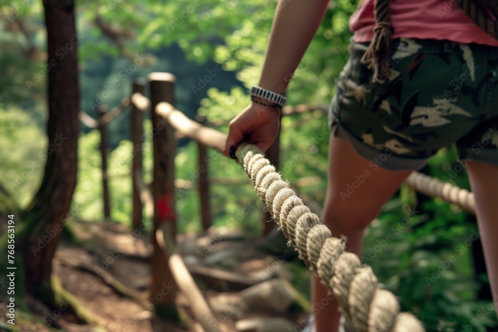 young adult using a rope handrail on a nature trail young adult using a rope handrail on a nature trail
