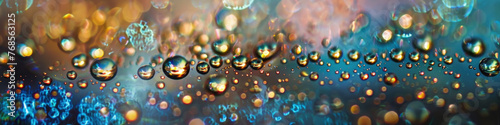 Multiple water droplets have formed on a window surface, creating a cluster of small, glistening spheres photo