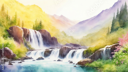 Mountain river with small waterfalls against the backdrop of mountains in bright sunny weather