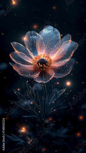 Golden glowing flower with transparent petals. Beautiful magical flower on a dark background with shimmering star dust particles. Generative AI