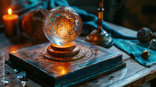 A crystal ball is placed on a wooden table  reflecting light and creating a mystical atmosphere