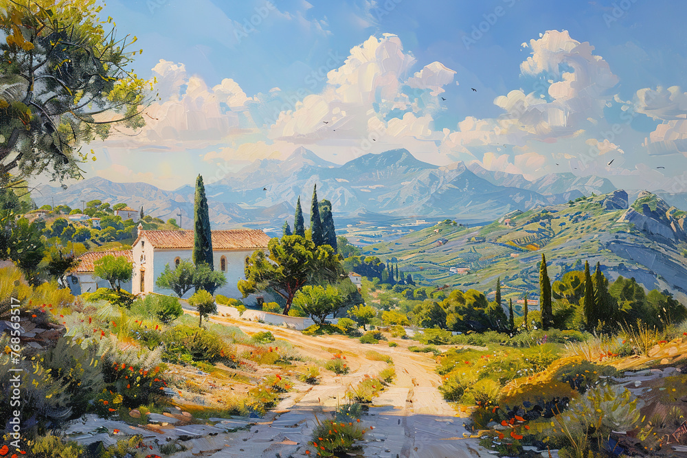 Summer landscape with a house, a road, trees in the mountainous region in Southern Europe on a sunny day