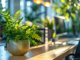 Closeup on an elegant office plant arrangement, focusing on the interplay of greenery and workspace design to enhance the work environment , blender