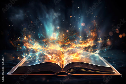 Engulfed in flames, a book against a dark background photo