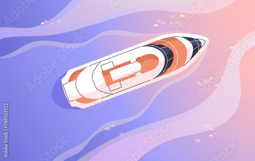 Sea resort, voyage. People travel by big white ship top view. Ocean liner floating on water. Luxury cruiser, vessel in marine journey. Summer vacation tour, entertainment. Flat vector illustration