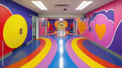A bright hallway filled with a group of colorful lockers lined up against the walls