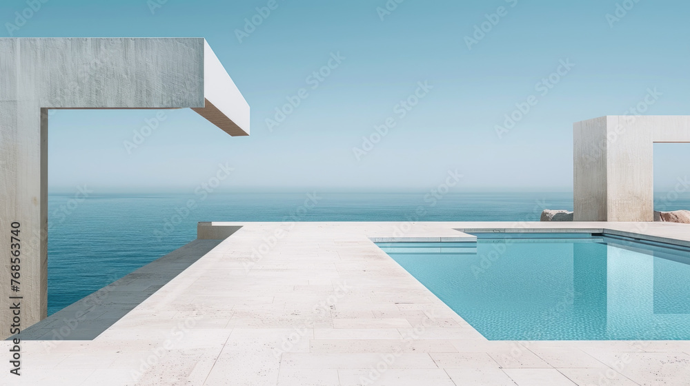 A swimming pool overlooks the vast ocean, offering a relaxing and picturesque view of the water merging with the horizon
