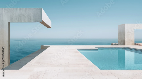 A swimming pool overlooks the vast ocean, offering a relaxing and picturesque view of the water merging with the horizon © sommersby