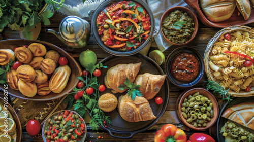 A variety of food items spread across a table  showcasing diverse dishes and flavors for a meal