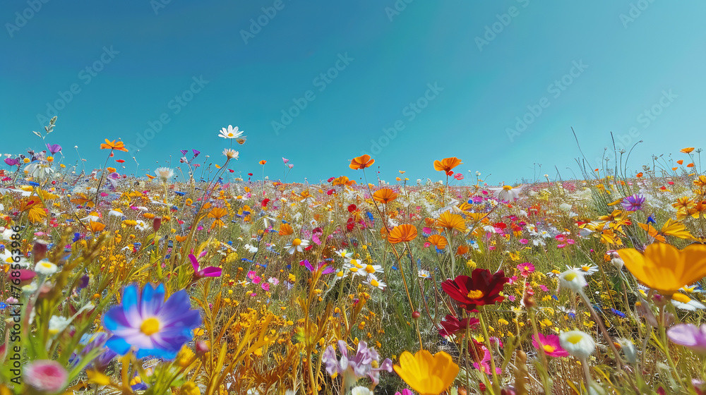 A field full of colorful wildflowers stretches towards the horizon under a bright and clear blue sky, evoking tranquility