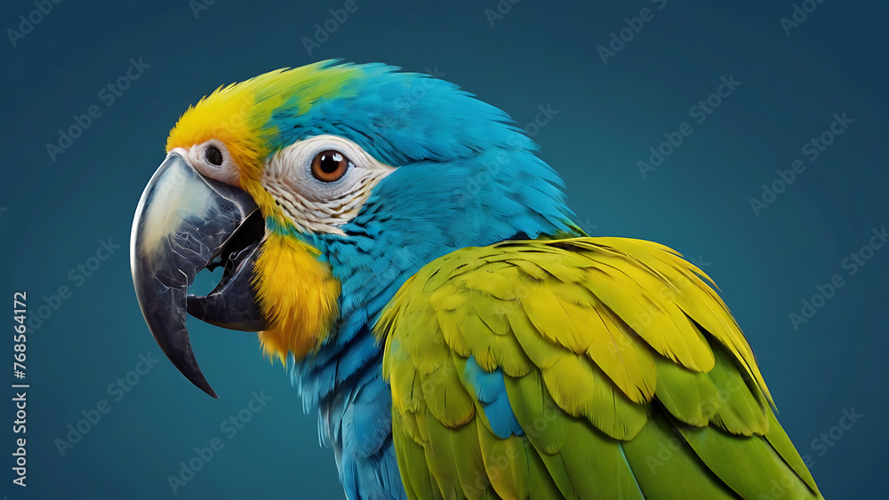 Fototapeta premium a portrait a\of a green parrot with golden feathers in a blue isolated background, cartoon style, portrait