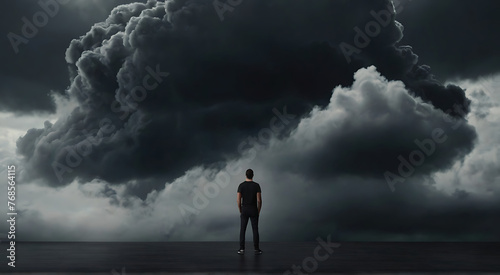 a man surrounded all around by black clouds in a room, concept photo, mental health, Darkness photo