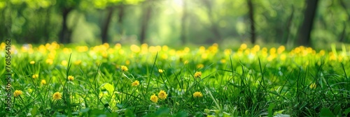 Beautiful green meadow landscape during springtime with young green grass and wild flowers. Spring and summer background.