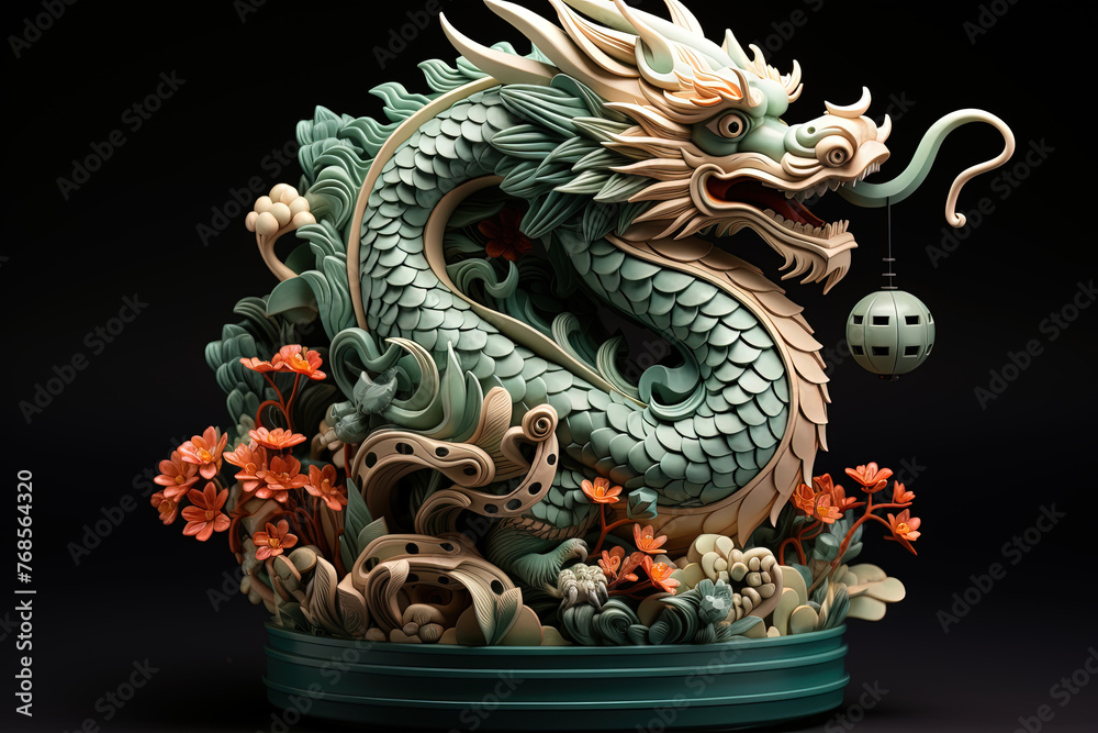 A statue of a dragon standing tall, with a large ball held securely within its mouth A statue of a dragon standing tall, with a large ball held securely within its mouth