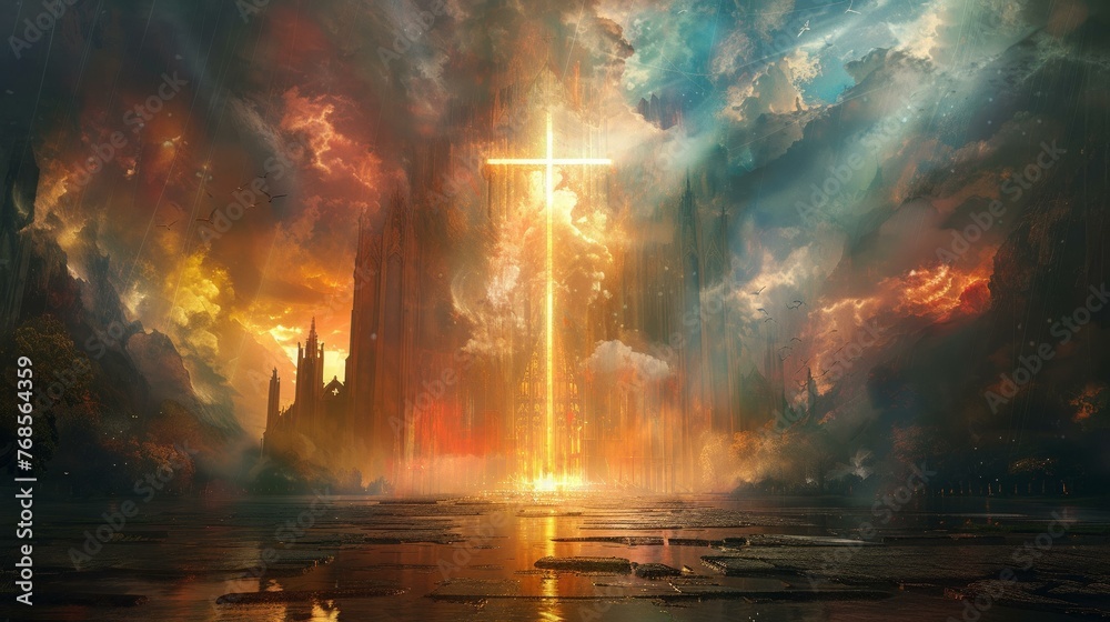 A digital wallpaper for a church, depicting the cross with divine light for contemplation and worship