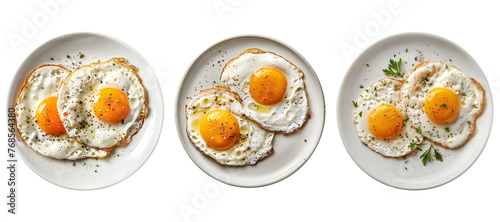 delicious fried eggs on plate top view on transparent background. Generative AI.