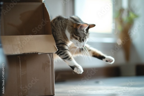 cat leaping into a box too small for it, squeezing in photo