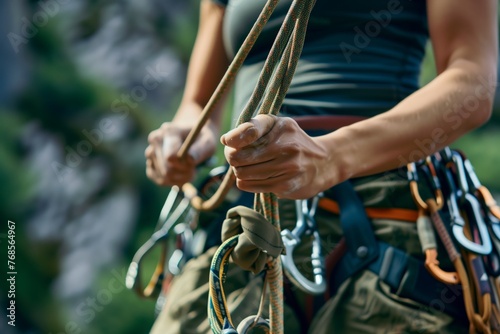 climber securing rope through a rappel ring on a harness