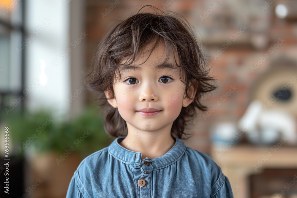 A young asian girl with brown hair and blue shirt is smiling. He is looking at the camera. The room has a brick wall and a wooden table A young asian girl with brown hair and blue shirt is smiling. He is looking at the camera. The room has a brick wall and a wooden table