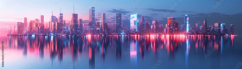 Urban skyline, elearning holograms, twilight, panoramic perspective , 3D render
