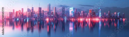 Urban skyline  elearning holograms  twilight  panoramic perspective   3D render