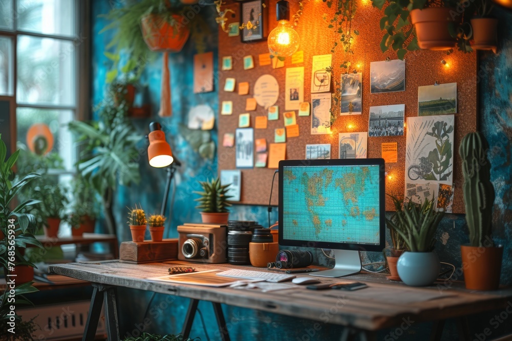 Naklejka premium Photographer's work desk with a camera, computer screen mockup