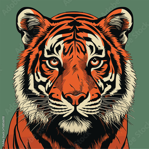 The tiger’s intense gaze and striking stripes stand out in this vivid illustration